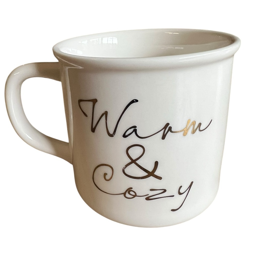 POTTERY BARN Warm & Cozy Large White Mug Gold-tone Metallic Font Dishwasher Safe